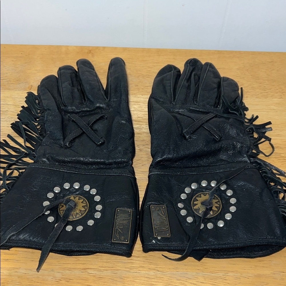 Harley-Davidson Willie® Black Leather Studded Fringe Gloves Vintage 0326261